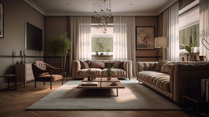 Obraz na płótnie Canvas Interior of stylish room with big bed and mirror, generative ai