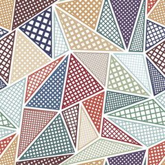 Simple multicolor patchwork design for fabrics. Abstract geometric motif with green, blue, and brown decorative triangles on a white background. Graphic textile texture. Seamless vector pattern.