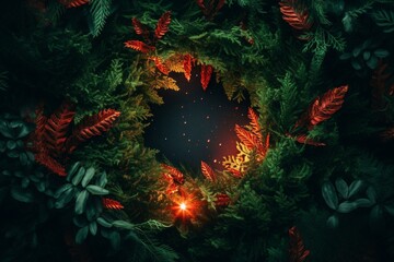 Fototapeta na wymiar Festive circle with green foliage and red accents. Generative AI