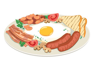 A traditional full English breakfast with scrambled eggs, sausages, beans, mushrooms, tomatoes and bacon. Top view. Vector illustration. Menu template for a restaurant and cafe.