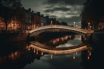 Fototapeta premium The Ha'penny Bridge in Dublin, Ireland crosses the Liffey River at dusk. Generative AI