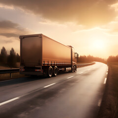 Truck driving on the asphalt road in rural landscape at sunset with dark clouds created with Generative AI technology.