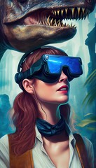 Portrait of young woman in VR glasses headset on time travel Jurassic period with dinosaur fantastic background. Virtual reality futuristic concept.