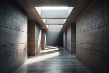 3D rendering of a concrete block tunnel in an abstract architectural design. Generative AI