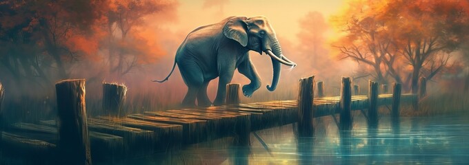 Elephant is jumping over a wooden fence into blue waters. Generative AI 

