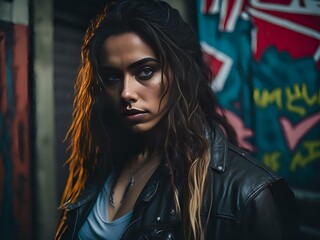 Fototapeta na wymiar Portrait of a beautiful brunette girl on a background of graffiti wall