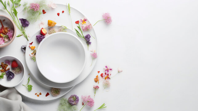 Beautiful table setting with floral decor on light background with space for text, top view, generative ai
