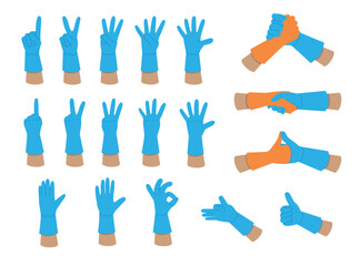 Illustration of hands in rubber gloves isolated on a white background. Vector graphics of gestures and signs.