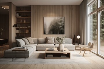 Wooden living room illustration in neutral tones. Generative AI