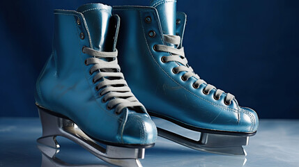 Ice skates on color background, generative ai