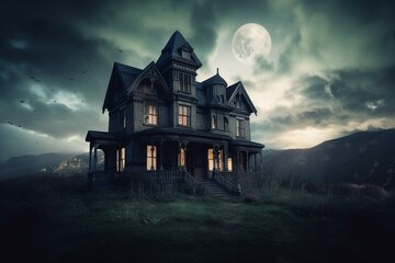 Spooky haunted house with dramatic sky and glowing windows in 3D illustration. Generative AI - obrazy, fototapety, plakaty