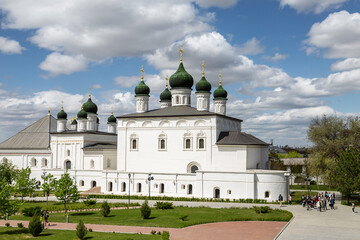 View of the Astrakhan Kremlin with the Trinity Cathedral and the churches of the Presentation of the Lord and the Entry into the Temple of the Most Holy Theotokos. Astrakhan, Russia