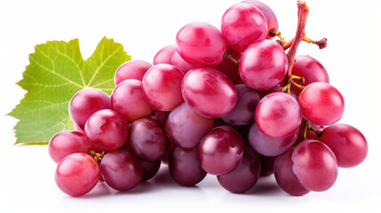 Ripe red grape. Pink bunch with leaves isolated on white. With clipping path. Full depth of field, generative ai