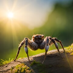 Spiders are in the wild caught on camera object bokeh blur background and blurred with the help of sunlight, great to use for wallpapers, websites, reptile lovers etc. Image of generative Ai