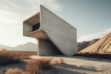Contemporary cement structure with sharp angles amid arid terrain. Generative AI
