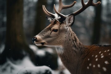 Stunning deer in snow-covered woods amid blurred bokeh. Generative AI