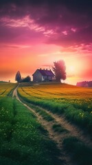 Fototapeta premium Beautiful local farm with sunset in the countryside field. Generative AI