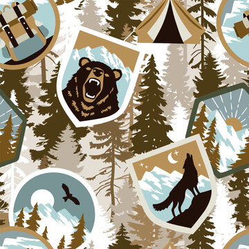 Seamless vector pattern with vintage patches on pine tree background. Perfect for textile, wallpaper or print design.
