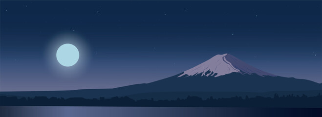 Fototapeta premium The moon rising over mount Fuji. Night view of a Japanese tourist attraction. Design for travel banners, travel, invitations. Landscape with a midnight starry sky. Realistic vector background.