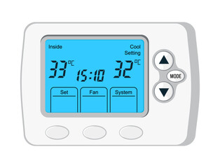 Thermostat vector. Controller with screen for floor, house heating, fan. Electronic thermostat controls and regulates temperaturein appartment remotely.