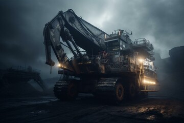 Massive coal digger, atmospheric lighting, misty atmosphere. Generative AI