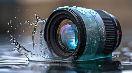 Fototapeta na wymiar water drop splash in a camera lens on dark background, generative ai