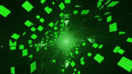 Abstract 3d sci-fi hi-tech neon background, green matrix glowing cubes, laser rays. Computer graphics, 3d render, 4k illustration