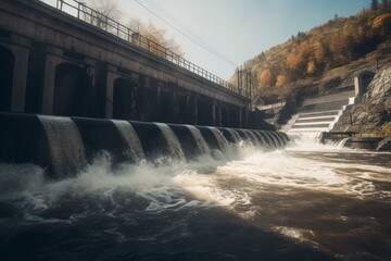 Hydroelectric dam on river. Generative AI