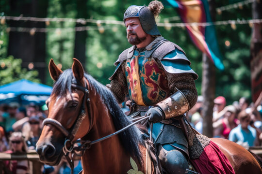 Jousting knight on horseback, renaissance fair. Generative AI