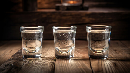Vodka in shot glasses on rustic wood background, generative ai