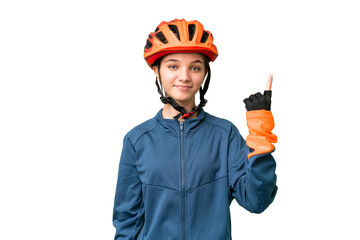 Teenager cyclist girl over isolated chroma key background pointing with the index finger a great idea - obrazy, fototapety, plakaty