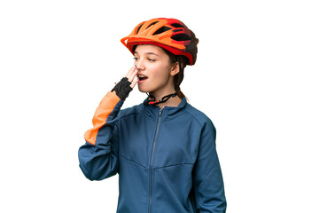 Teenager cyclist girl over isolated chroma key background yawning and covering wide open mouth with hand - obrazy, fototapety, plakaty