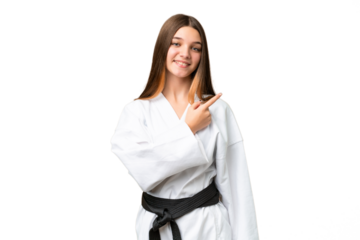 Teenager girl doing karate over isolated chroma key background pointing to the side to present a product