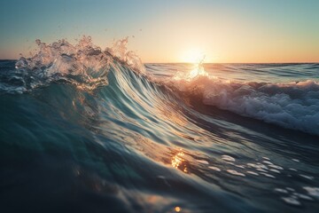 Sunrise wave in blue ocean. Generative AI
