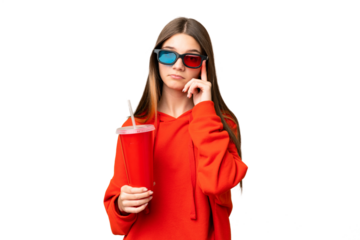 Teenager girl in a cinema over isolated chroma key background thinking an idea