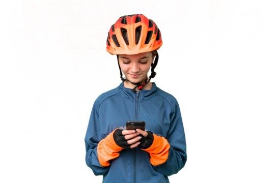 Teenager cyclist girl over isolated chroma key background sending a message with the mobile