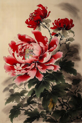 bouquet of red flowers, Chinese paint drawing