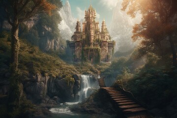 Fototapeta na wymiar Fantasy illustration of a waterfall tower in an epic forest landscape with water. Digital painting artwork with beautiful scenery backgrounds. Generative AI