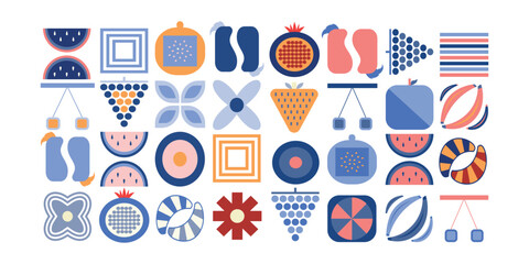 Geometric Fruit banner. Abstract food shapes and floral elements in blue pink orange pattern design. Natural modern simple vector