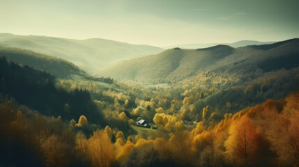 Fototapeta premium Image of mountain valley with mountains and a forest. Generative AI