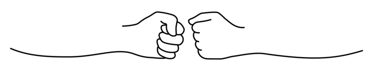 Fist bumping banner hand drawn with single line. Team work, cooperation, friends concept. Png illustration isolated on transparent background
