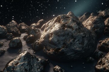 Fototapeta na wymiar Digital art showing a cluster of space rocks in an asteroid field. Generative AI