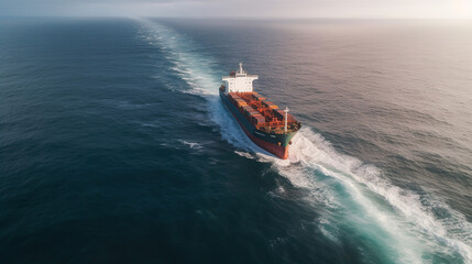 Aerial view of cargo ship in sea, generative ai