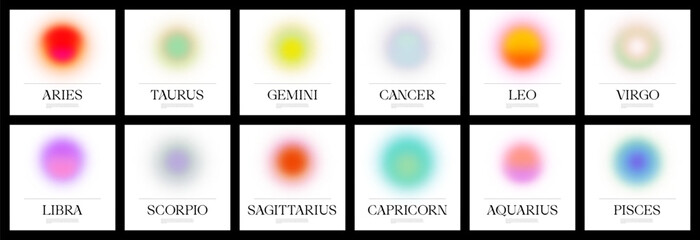 Set of colorful zodiac sign blur gradient illustration with horoscope quote. Modern astrology banner, text template collection for social media post. Minimalist blurred circle abstract poster. - obrazy, fototapety, plakaty