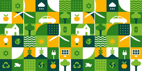 Green eco friendly symbol mosaic seamless pattern illustration with nature abstract shapes. Fresh organic concept background print. Minimalist environment shape texture, geometry collage.