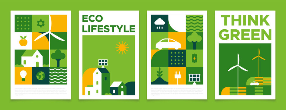 Green eco friendly banner template set. Modern geometry mosaic illustration collection for environment care web or conservation poster design. Clean energy, electric car, recycle concept icon.