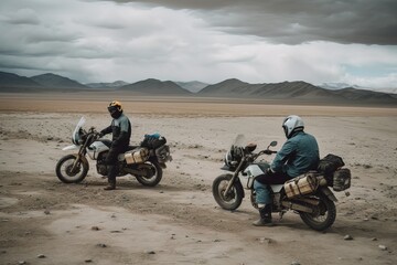 A group of friends embarking on a motorcycle trip, geared up and ready to hit the open road. Generative AI