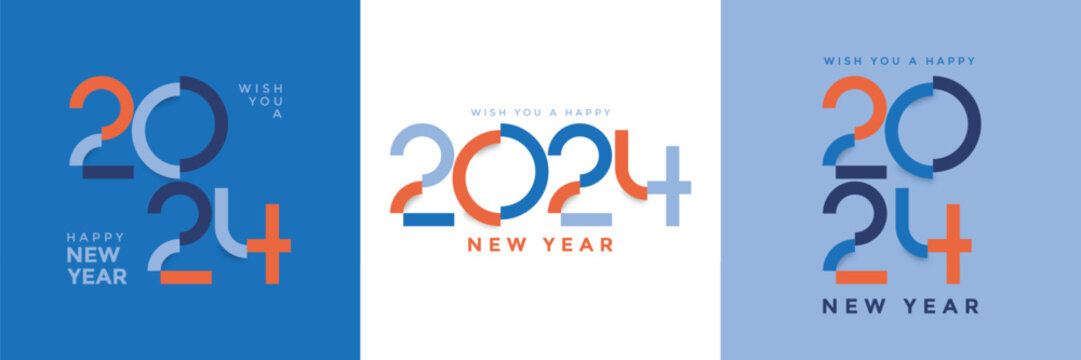 Happy new year 2024 with modern typeface number and color. Set of 2024 new year square banner template
