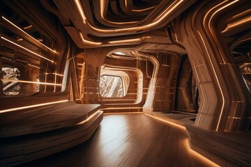 Innovative wooden space design of the future. Generative AI