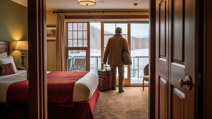 Solo traveler stepping into their hotel room for the first time, taking in the view and amenities. Generative AI